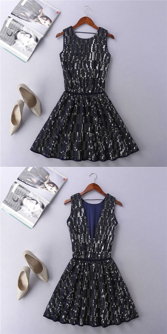 Black sequins short homecoming dress, black party dress    cg10525