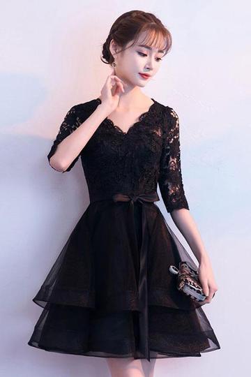 Black V Neck Lace Tulle Short Dress Black Homecoming Dress  cg1054