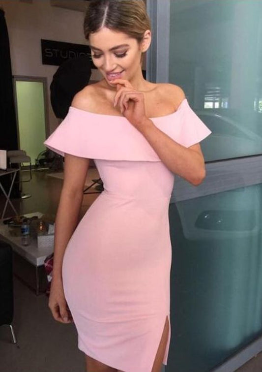 Light Pink Sheath Mini Short Homecoming Dresses Off Shoulder Satin Homecoming Dress Cocktail Dresses   cg10570