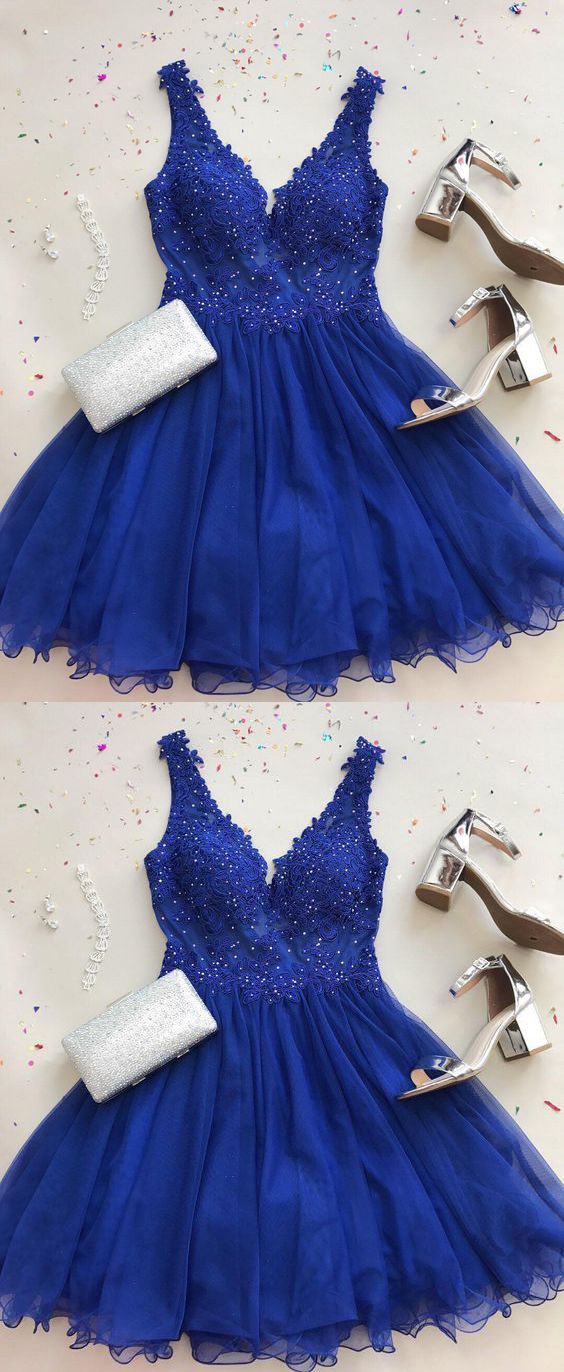 Cute A Line V Neck Tulle Beaded Royal Blue Short Homecoming Dresses with Appliques cg1059