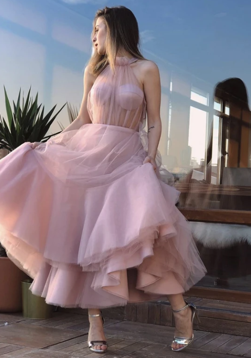 Pink tulle short prom dress    cg10644