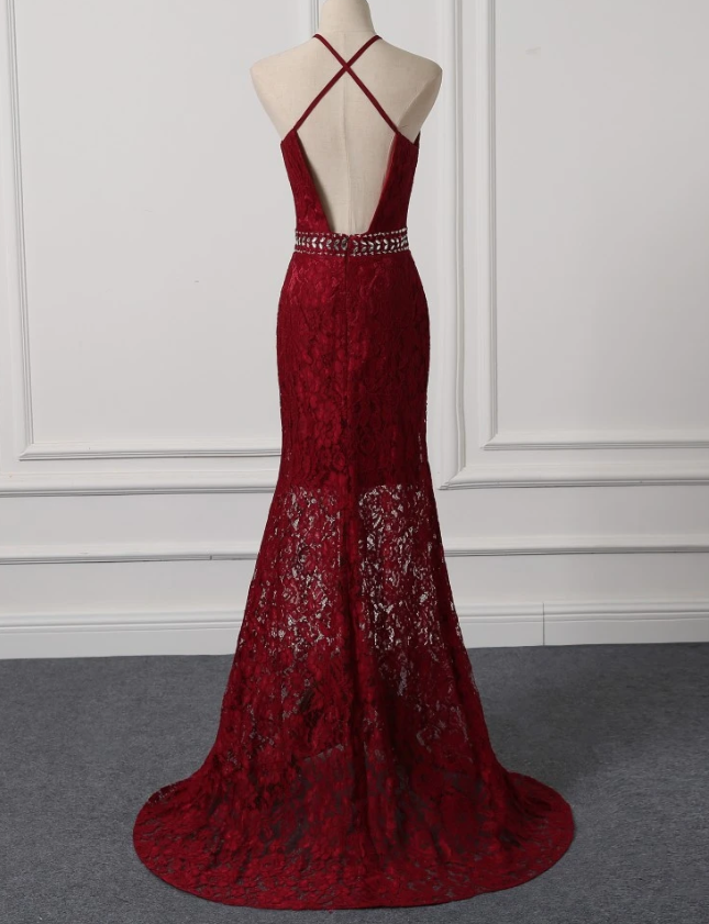 Beautiful Dark Red Lace Halter Beaded Evening Dress, Mermaid Prom Dress   cg10646