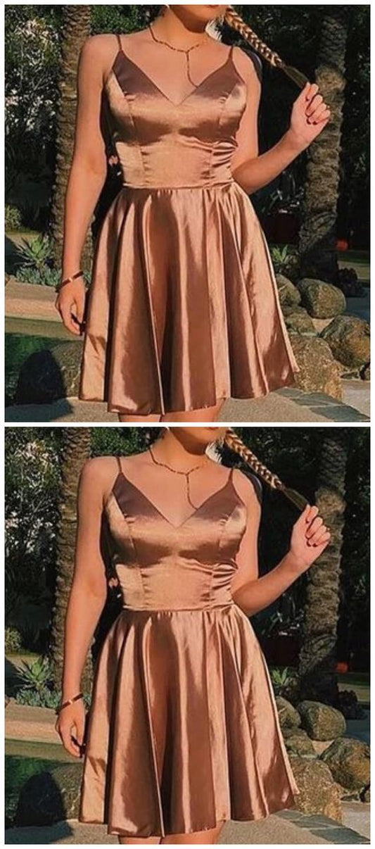 A Line V Neck Short Champagne Dresses, Short Champagne Graduation Homecoming Dresses   cg10674