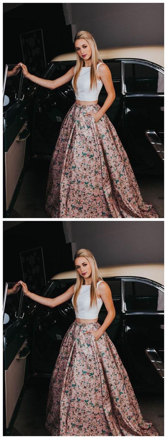 Two Pieces Prom Dresses A-line Scoop Floral Modest Long Prom Dress/Evening Dress cg1069