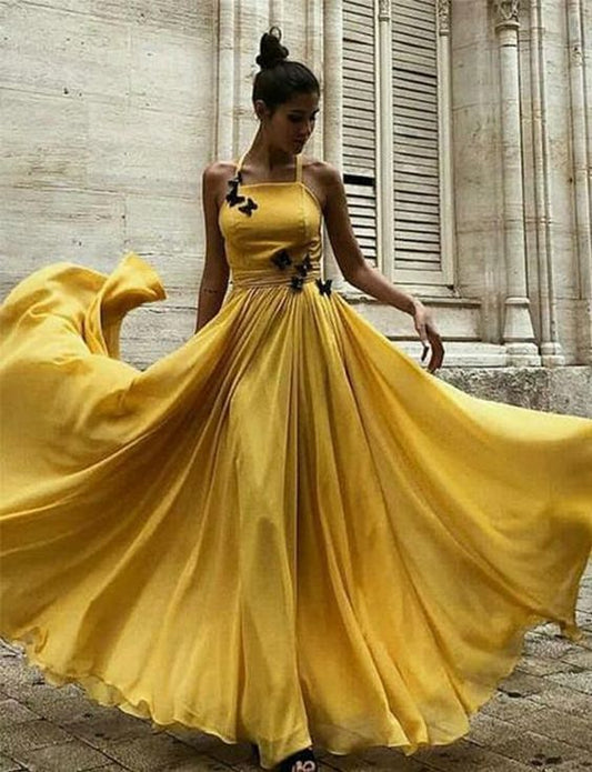 Yellow Long Prom Dresses Halter Formal Evening Party Dresses cg1075