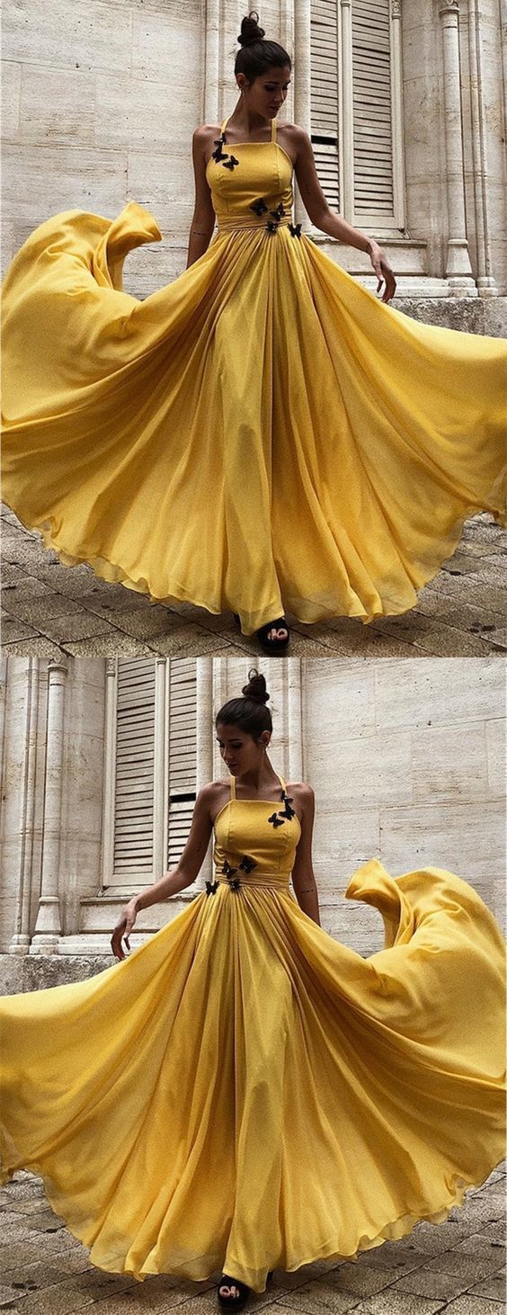 Yellow Long Prom Dresses Halter Formal Evening Party Dresses cg1075