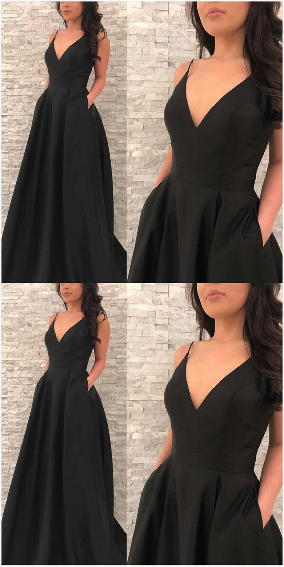 Black Prom Dress,Cheap prom Dress,V Neck Prom Dress,Long Prom Dress Graduation Dress, Elegant Prom Dress with Pockets  cg1078