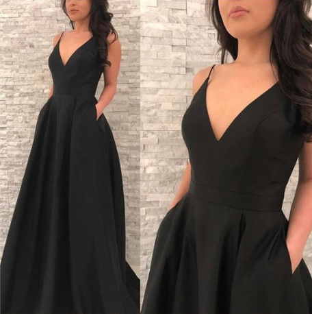 Black Prom Dress,Cheap prom Dress,V Neck Prom Dress,Long Prom Dress Graduation Dress, Elegant Prom Dress with Pockets  cg1078