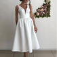 SIMPLE V NECK SATIN BRIDESMAID DRESS, TEA LENGTH PROM DRESS  cg10788