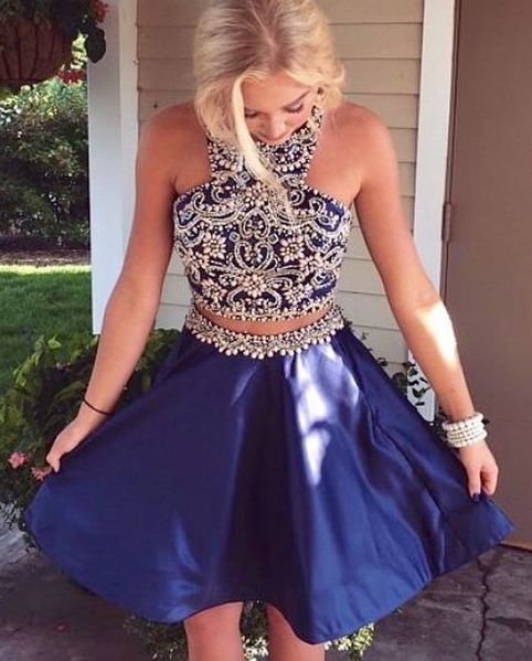 Two Piece Short Navy Blue Dresses Homecoming Dresses, Beaded Short homecoming Dresses Dancing Dresses  cg1082