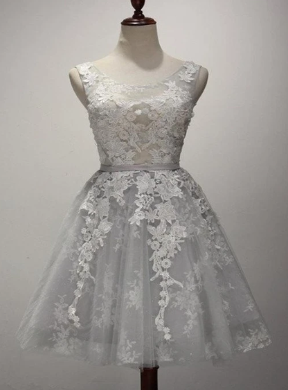 Adorable Tulle Short Lace Applique Graduation Dress, Grey Homecoming Dress   cg10846