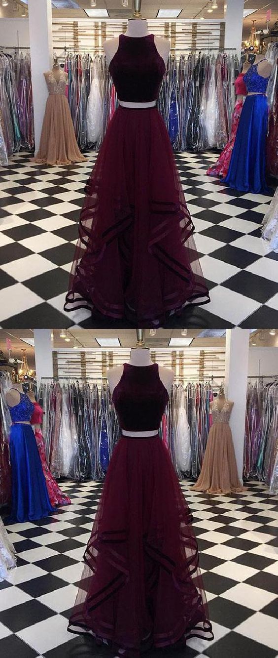 Simple Two Pieces Burgundy Long Prom Dress, Burgundy Evening Dress cg1086