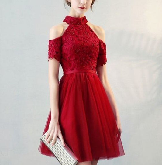 High Quality A Line High Neck Short Sleeve Knee Length Homecoming Dress   cg10898