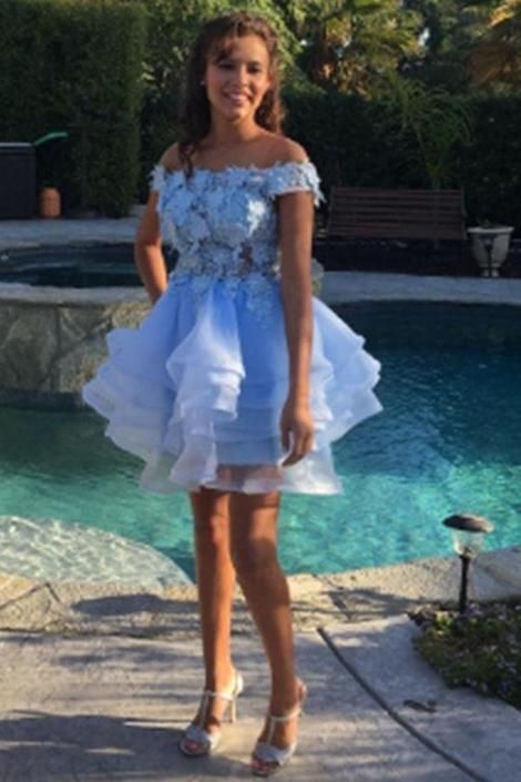 Off the Shoulder Tulle Light Blue Tiered Tulle Homecoming Dress with Appliques   cg10939