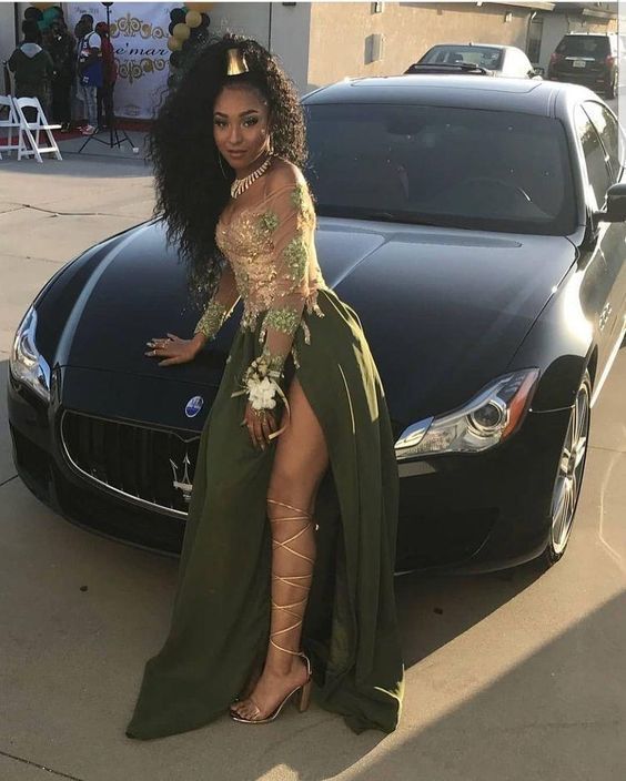 Off the Shoulder Slit Side Olive Green Prom Dresses with Sleeves cg10976