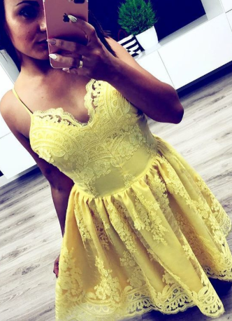 Yellow Lace Short Homecoming Dress, Simple Short homecoming Dress cg1100