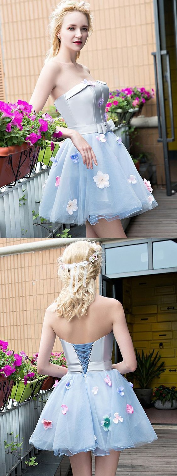 A-Line Strapless Short Light Blue Tulle Homecoming Dress with Flowers,Simple Homecoming Dresses cg1111