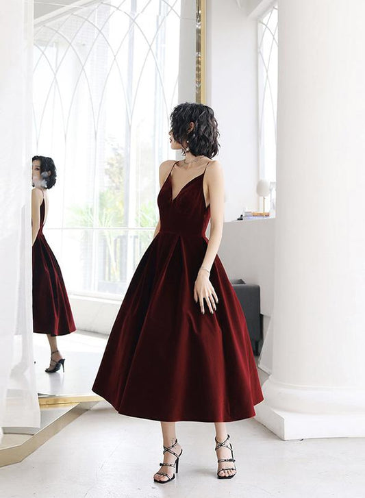 Burgundy velvet short prom dress party dress   cg11112