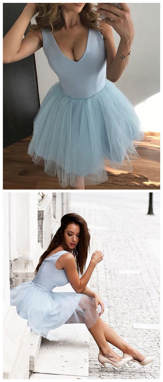 Cute V-Neck Light Blue Tulle Homecoming Dress,A-Line Tulle Party Dress cg1114