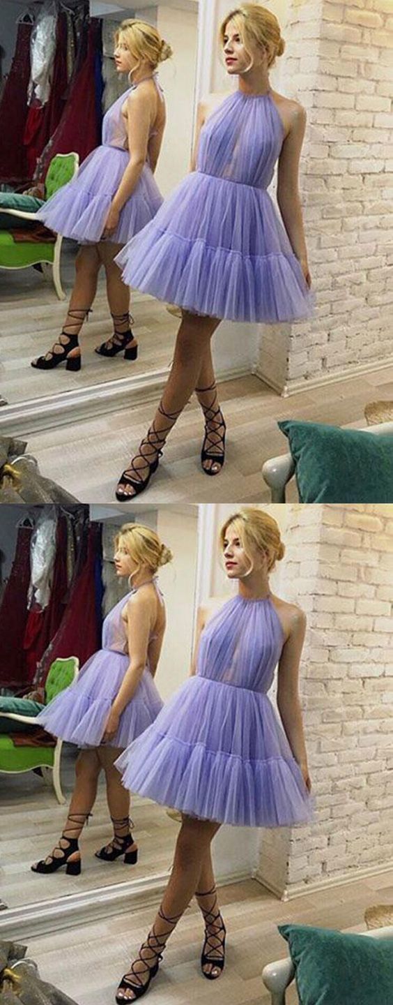 Unique A-Line Halter Backless Pleated Lavender Tulle Homecoming Dress,Formal Homecoming Dress cg1122