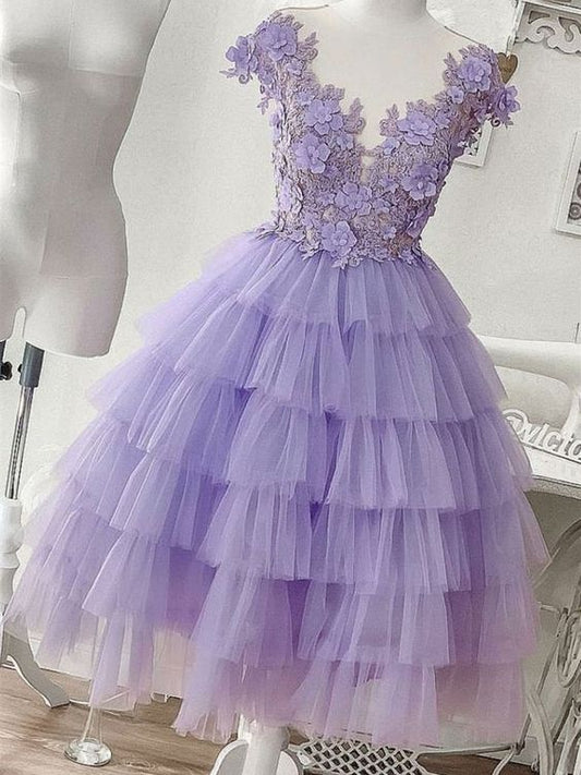 Purple tulle appliqué short homecoming dress, homecoming dress cg1123