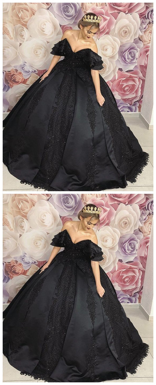 Black ball gown wedding dresses ruffles shoulder prom dress    cg11252