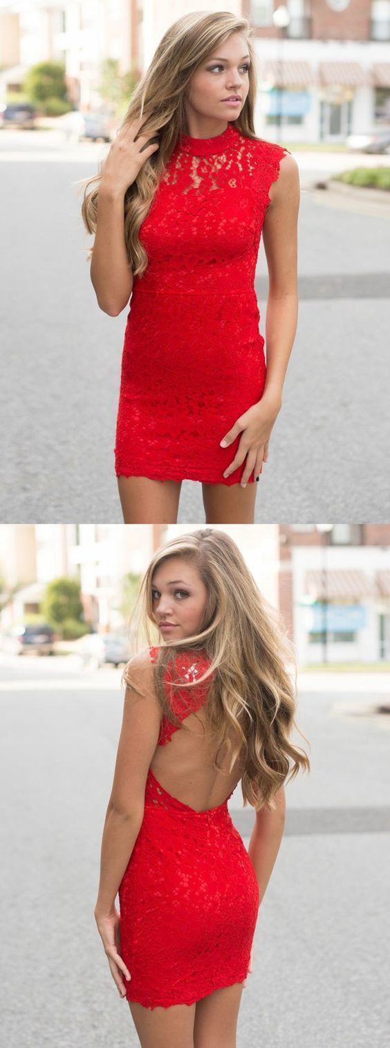 red short homecoming dresses, lace tight short dresses, open back bodycon short party dresses cg1137