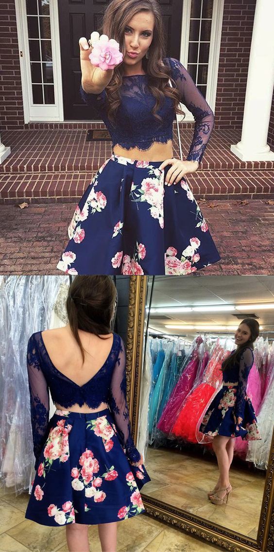 Cute Two Piece Bateau Long Sleeves Lace Short Blue Floral Homecoming Dress  cg1138