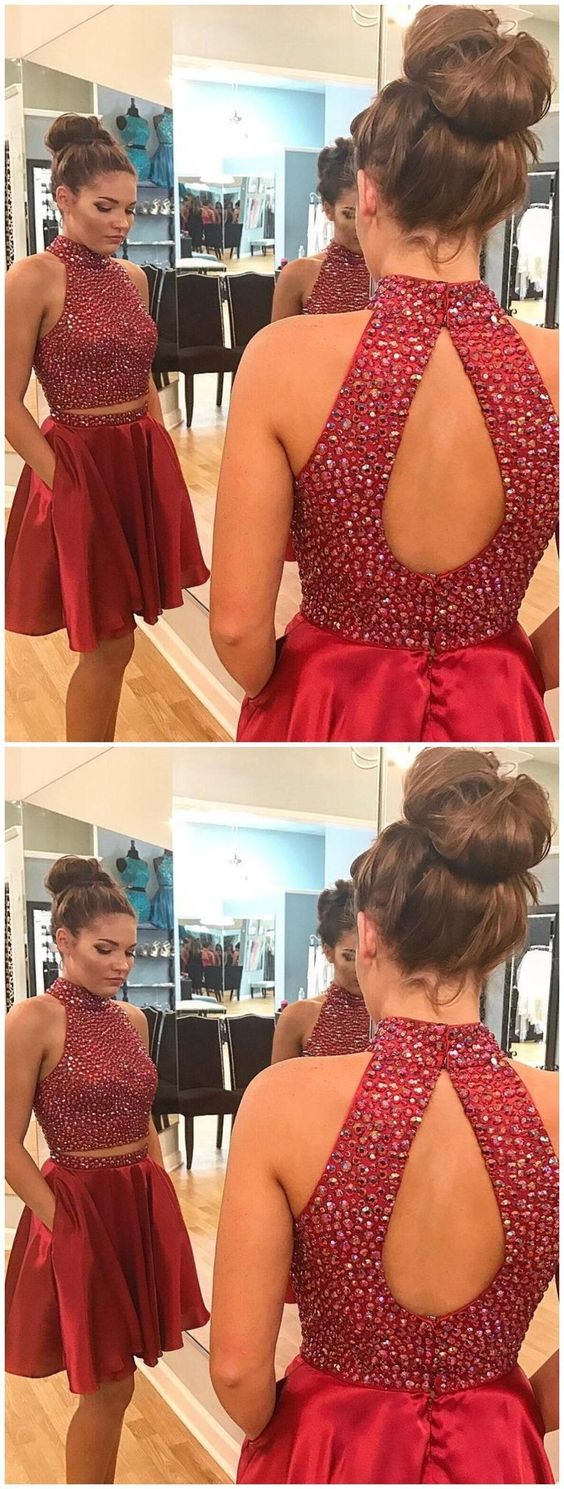 Sexy Two Piece Short Rhinestone Cute Red Homecoming Dresses  cg1139