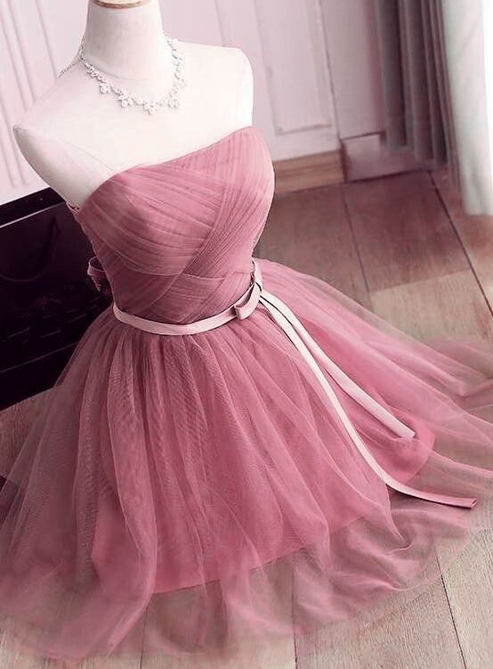 A Line Strapless Tulle Bridesmaid Dresses,Short Dress homecoming Dress   cg11393