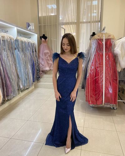 Sparkly Navy Blue Mermaid Prom Dress Feathers V Neck High Slit Formal Evening Dresses   cg11426