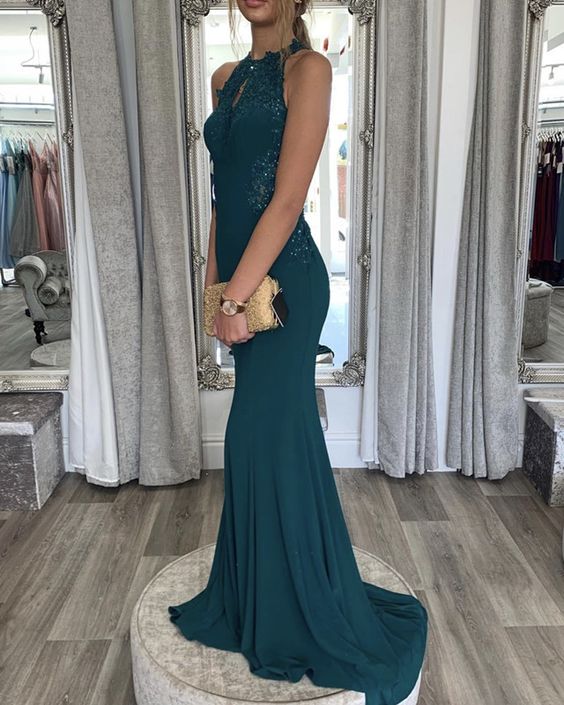 JERSEY MERMAID PROM DRESSES HALTER NECK LACE APPLIQUES   cg11450