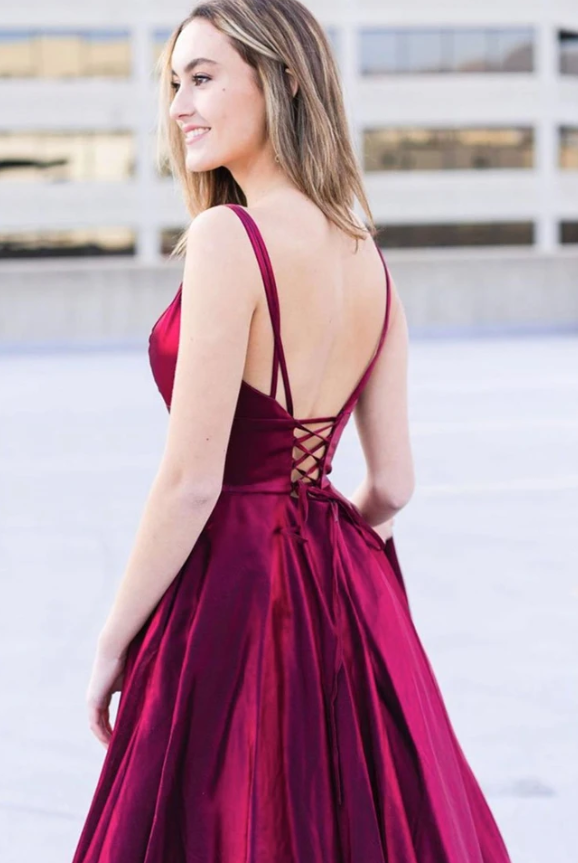 A Line V Neck Open Back Long Burgundy Prom Dress with High Slit, V Neck Burgundy Formal Graduation Evening Dress  cg11484