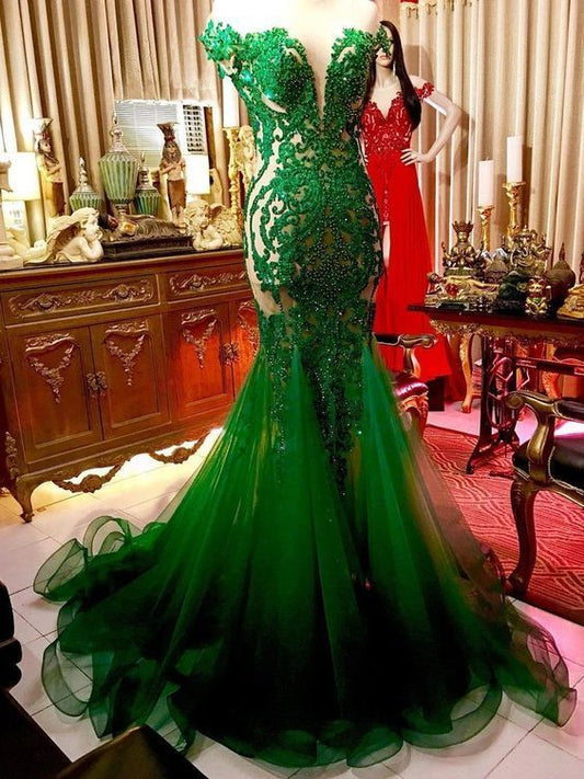 Chic Trumpet/Mermaid Prom Dresses Hunter Beading Long Prom Dress Evening Dresses    cg11556