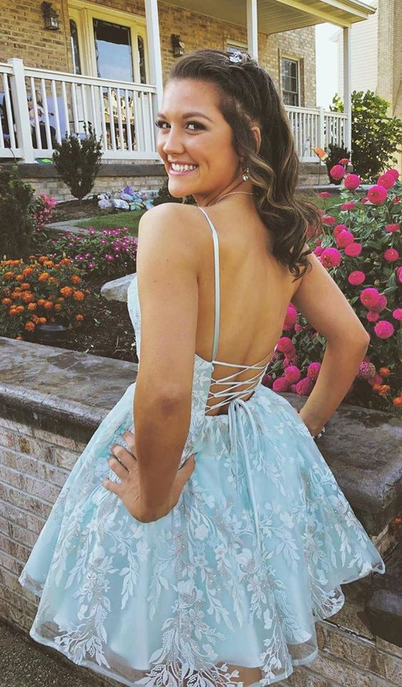 A Line Spaghetti Straps Light Sky Blue Homecoming Dress With Appliques   cg11587