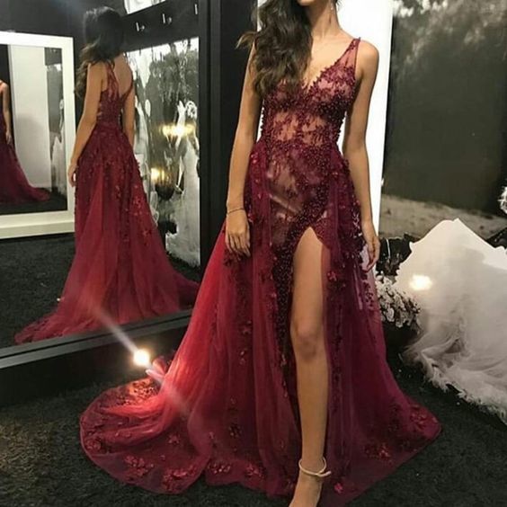 burgundy prom dresses deep v neck lace pearls beaded side slit lace evening dresses   cg11606