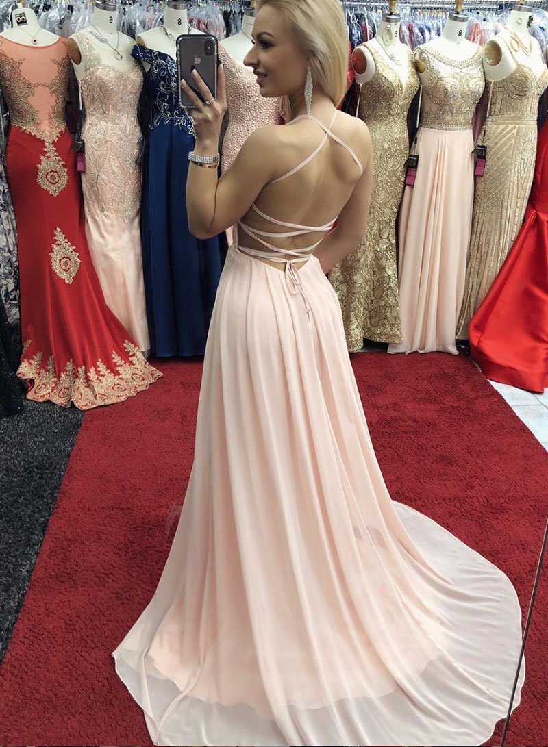 Pink v neck chiffon long prom dress, pink evening dress cg1173