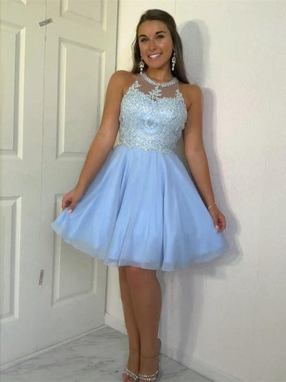 Amazing Halter Sleeveless Appliques Beading Top Tulle Homecoming Dresses cg1182