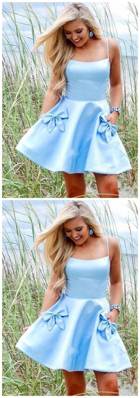 A-Line Short Satin Light Blue Homecoming Dress   cg11824