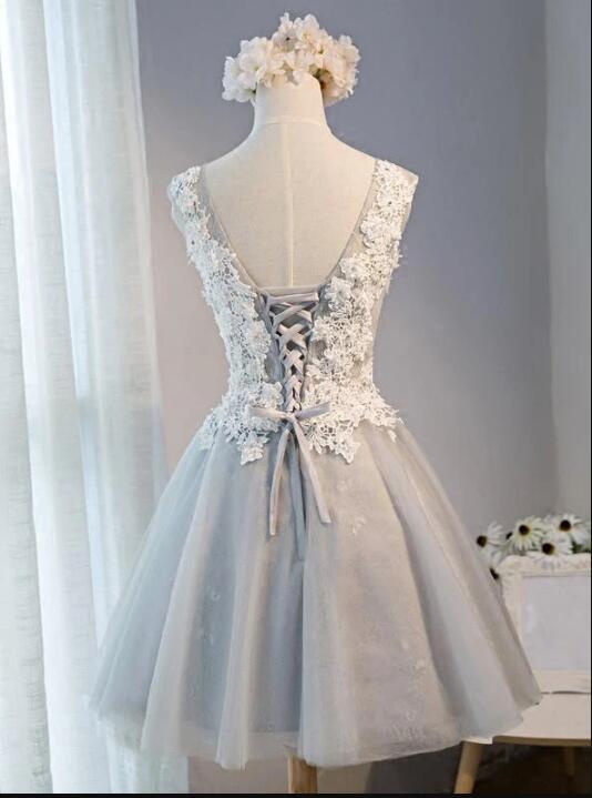 Light Grey Knee Length Tulle And Lace Party Dress, Grey Homecoming Dresses   cg11893