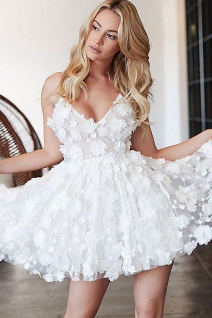 WHITE V NECK TULLE LACE SHORT DRESS WHITE HOMECOMING DRESS   cg11898