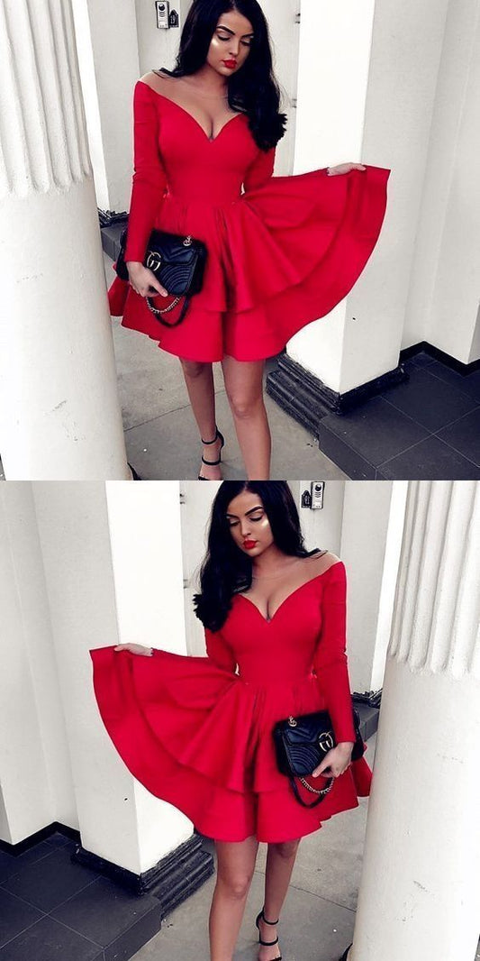 Red Long Sleeve Ruffled Homecoming Dress   cg11902