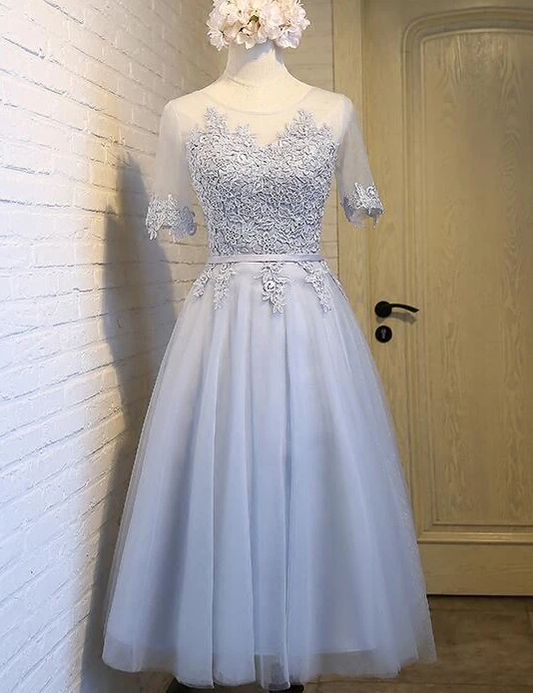 Light Grey Tea Length Homecoming Dress   cg11919