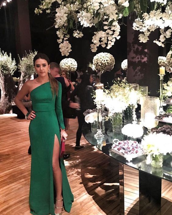 One Shoulder Side Slit Prom Dresses, Green Prom Dress cg1195