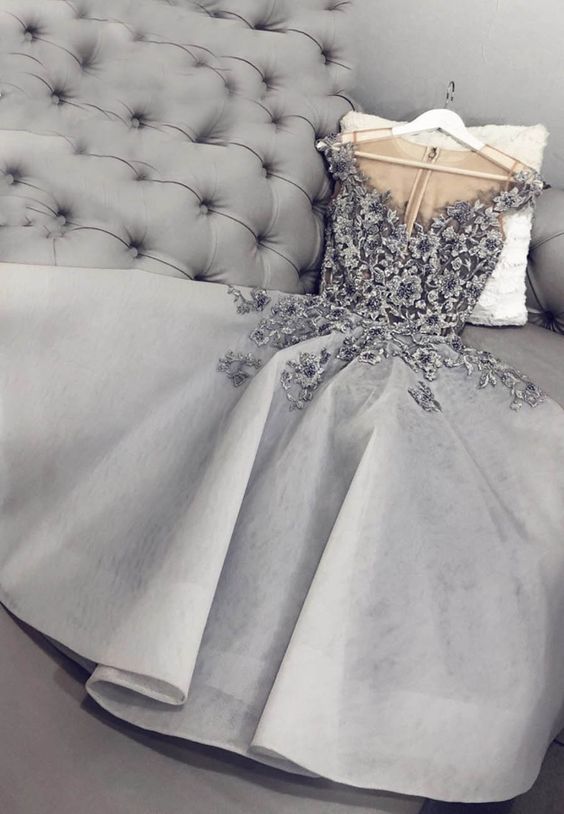 Gray tulle appliqué short dress party dress Homecoming Dresses   cg11966