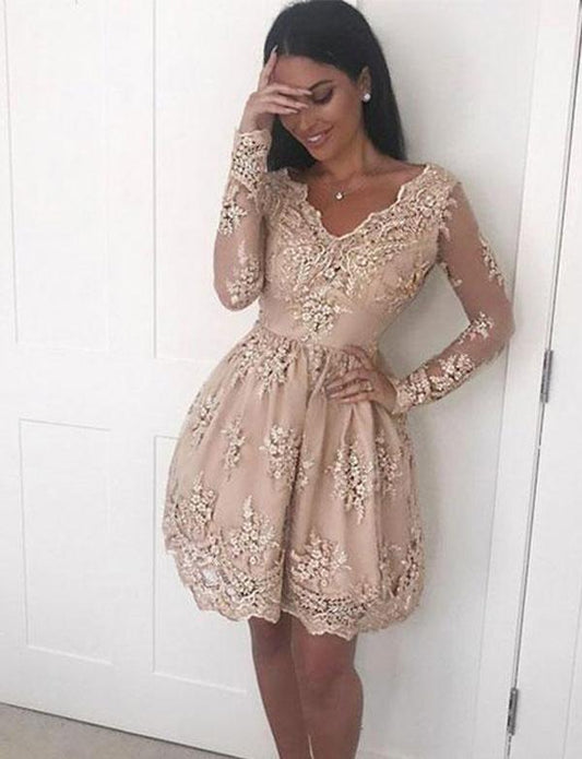 V Neck Champagne Short Homecoming Dress With Lace Appliques ,cute homecoming dress cg12