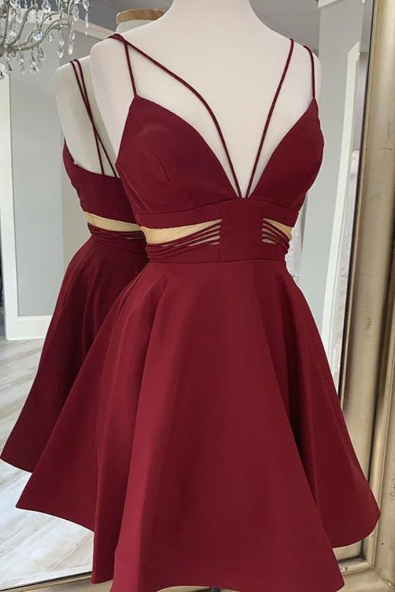 Wine Spaghetti Straps Homecoming Dress   cg12112