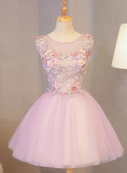 Cute Pink Round Neckline Tulle Party Dress with Flowers, Lovely Formal Dress homecoming Dress    cg12118