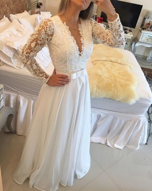 Elegant Long Sleeve A Line Evening Dresses Lace Floor Length Sexy V Neck See Through Back White Custom Made Prom Dress   cg12174