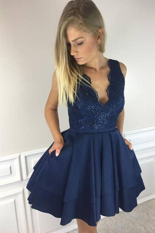 A-Line Deep V-Neck Short Navy Blue Satin Beaded Homecoming Dress with Appliques Pockets cg1221